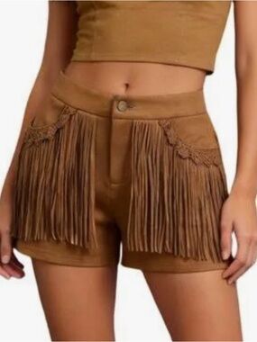 Miss Me Fringe High-Rise Shorts in Brown